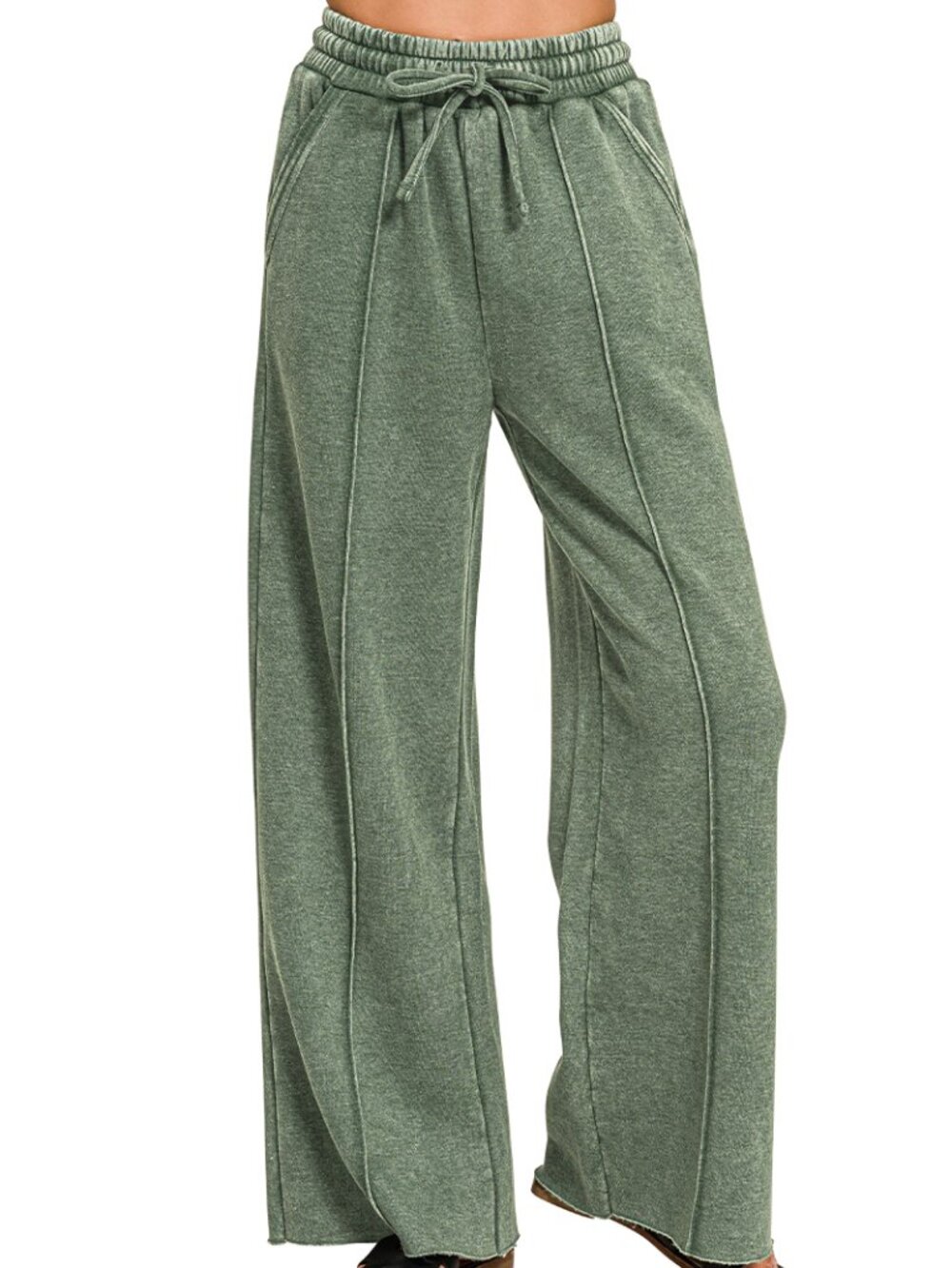 Acid Washed Fleece Pintuck Wide Leg Pants in Army Green